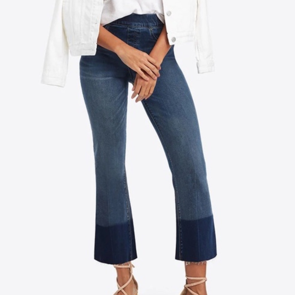 Spanx Flare Jeans Cropped Medium Wash Denim Raw Hem